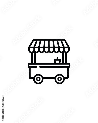 Editable stroke vector of a street food cart with a striped awning and wheels.