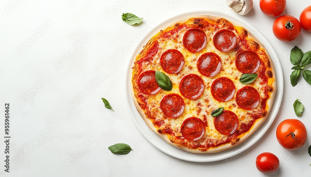 Pepperoni pizza with sausage slice, cheese and tomato, on white table Pepperoni pizza with sausage slice, cheese and tomato, on white table