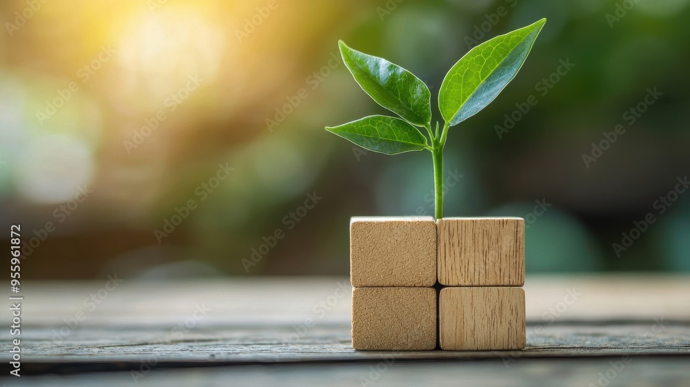 A young plant emerging from wooden blocks, symbolizing growth, renewal, and the potential for new beginnings in nature. A young plant emerging from wooden blocks, symbolizing growth, renewal, and the potential for new beginnings in nature.