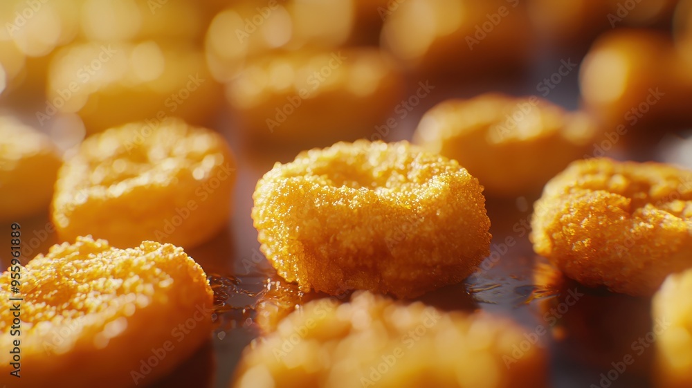 Close-up of crispy golden chicken nuggets, perfect for fast food menus and snack ideas, showcasing appetizing detail and texture. Close-up of crispy golden chicken nuggets, perfect for fast food menus and snack ideas, showcasing appetizing detail and texture.