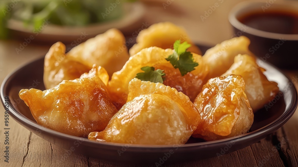 Delicious golden fried dumplings served on a wooden table, garnished with fresh herb and accompanied by dipping sauce. Delicious golden fried dumplings served on a wooden table, garnished with fresh herb and accompanied by dipping sauce.