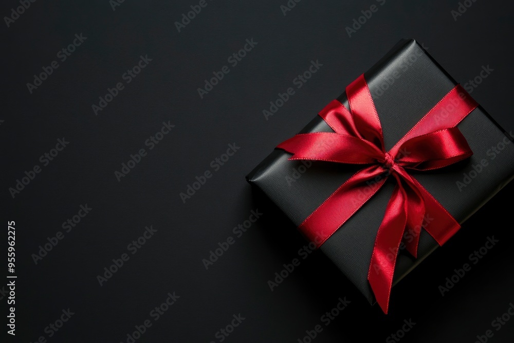 Top view photo of black gift box with red ribbon on black background with space for advertisement, black friday concept with generative ai Top view photo of black gift box with red ribbon on black background with space for advertisement, black friday concept with generative ai