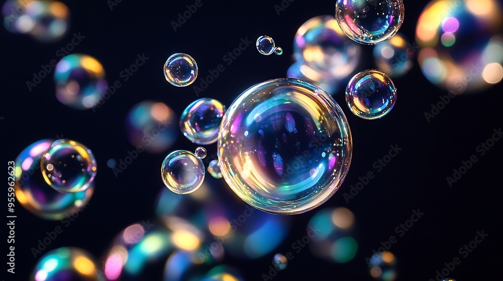 A Symphony of Bubbles: Iridescent Spheres Against a Dark Background A Symphony of Bubbles: Iridescent Spheres Against a Dark Background