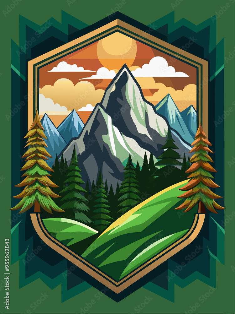 Mountain Range with Forest and Sunset in a Golden Frame
