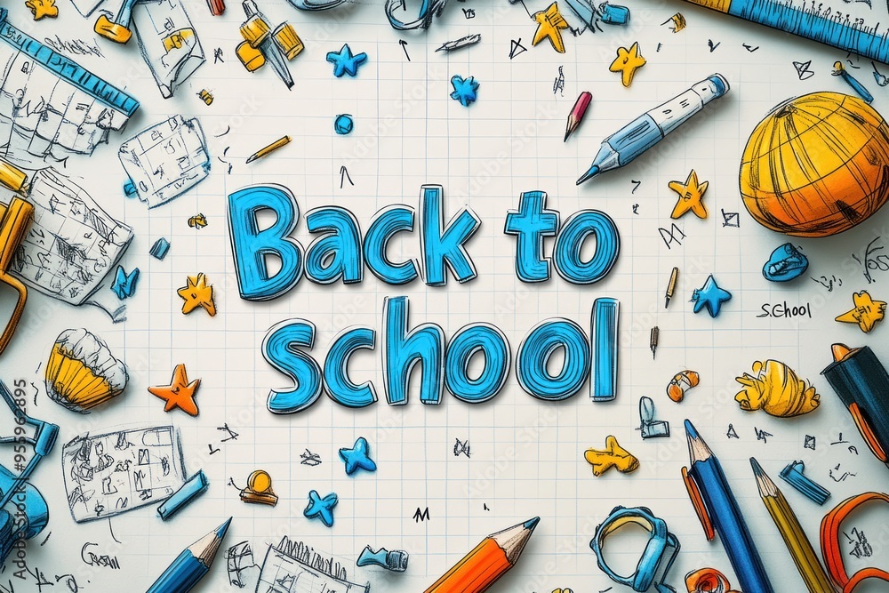 Back to School Illustration with Stationery and Grid Paper Back to School Illustration with Stationery and Grid Paper