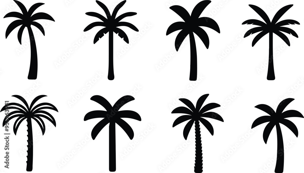 Black palm tree set vector illustration on white background silhouette art black white stock illustration Black palm tree set vector illustration on white background silhouette art black white stock illustration