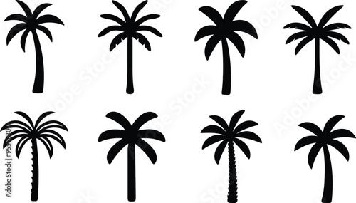 Black palm tree set vector illustration on white background silhouette art black white stock illustration