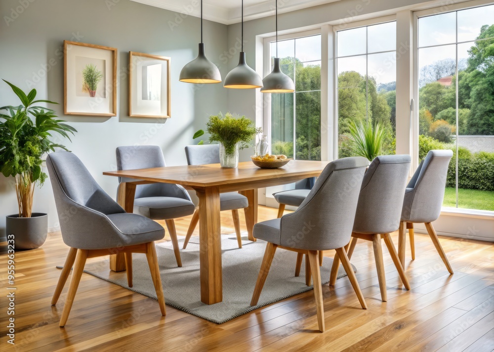 Fototapeta premium Sleek wooden legs support comfortable upholstered seats, blending form and function in a modern home's dining area.