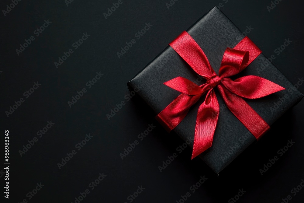 Top view photo of black gift box with red ribbon on black background with space for advertisement, black friday concept with generative ai Top view photo of black gift box with red ribbon on black background with space for advertisement, black friday concept with generative ai
