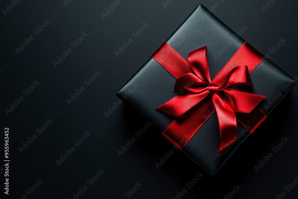 Top view photo of black gift box with red ribbon on black background with space for advertisement, black friday concept with generative ai Top view photo of black gift box with red ribbon on black background with space for advertisement, black friday concept with generative ai