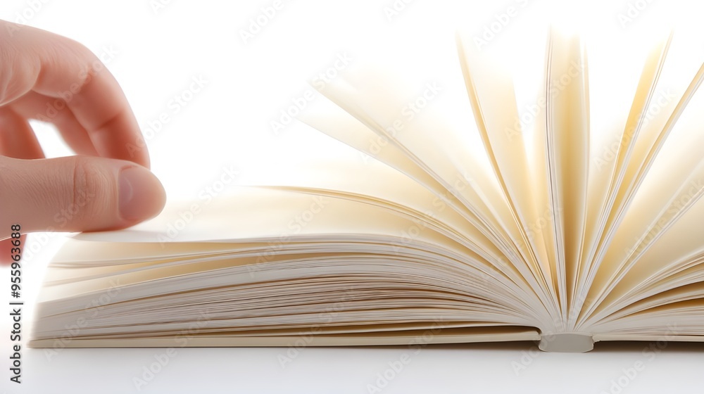 Fototapeta premium Open Book with Hand Turning Page, Isolated on White Background.