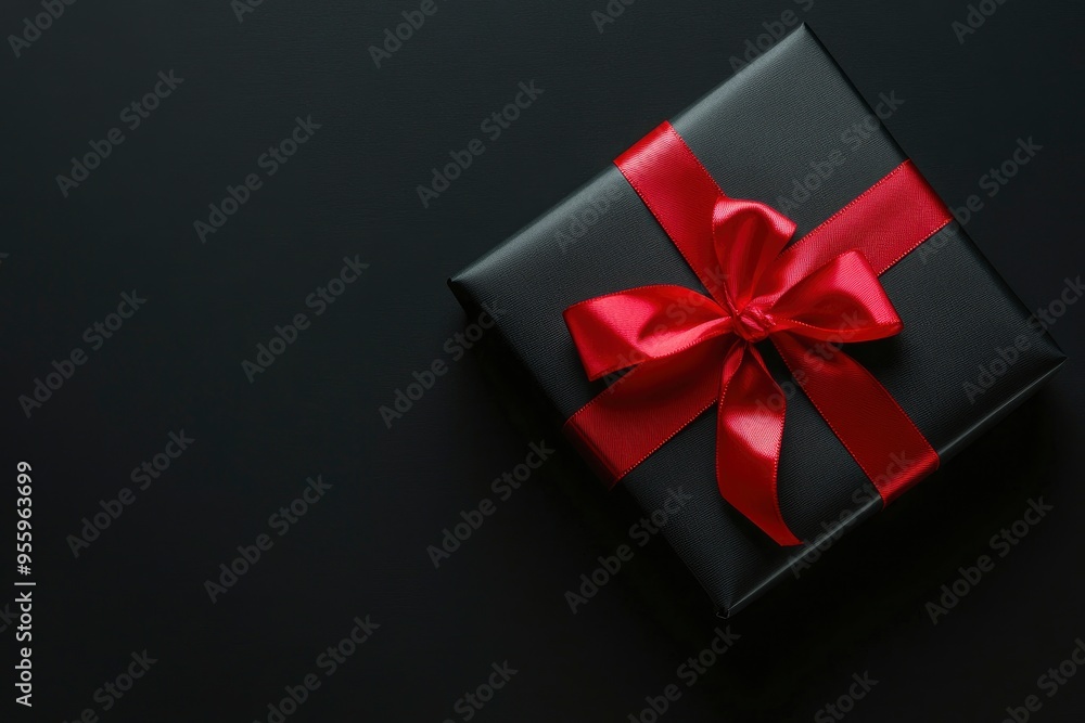 Top view photo of black gift box with red ribbon on black background with space for advertisement, black friday concept with generative ai Top view photo of black gift box with red ribbon on black background with space for advertisement, black friday concept with generative ai