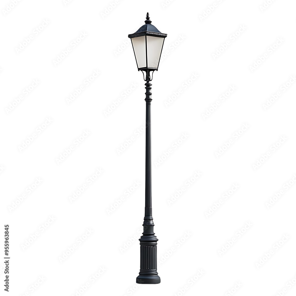 Black Street Lamp with Transparent Background Illuminates the Night, Cast Iron Streetlight with Elegant Design.