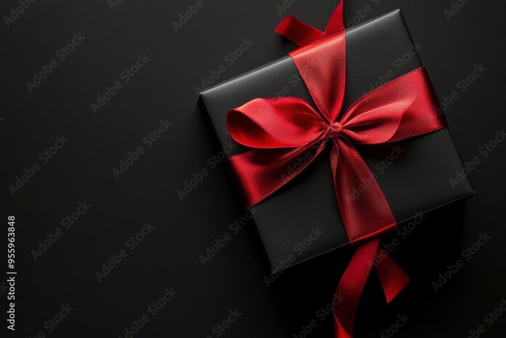 Top view photo of black gift box with red ribbon on black background with space for advertisement, black friday concept with generative ai Top view photo of black gift box with red ribbon on black background with space for advertisement, black friday concept with generative ai