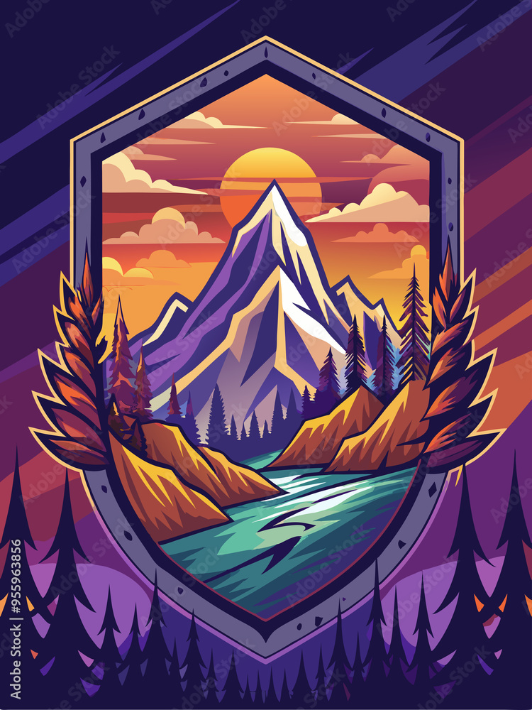 Majestic Mountain Sunset Framed by Forest and Shield Majestic Mountain Sunset Framed by Forest and Shield