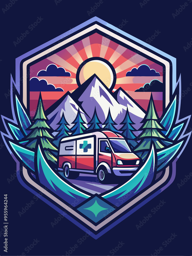 Mountainous Landscape with an Ambulance at Sunset Mountainous Landscape with an Ambulance at Sunset