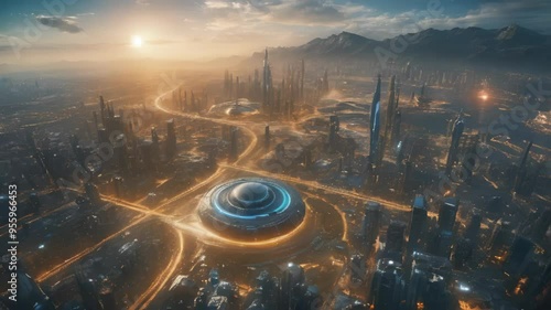 Futuristic Cityscape with UFO and Mountain Range at Sunset
