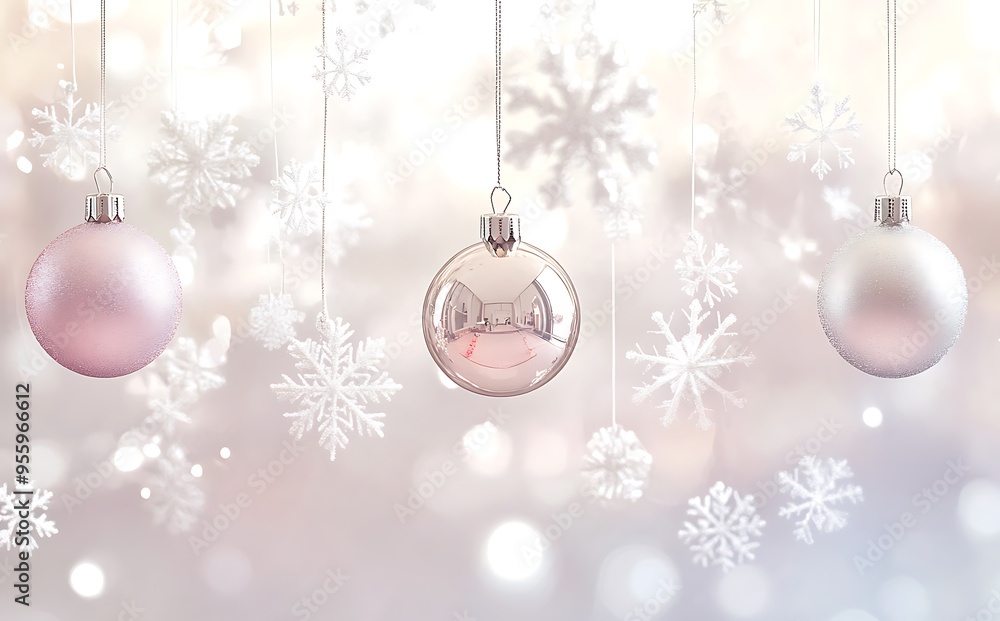 A light pink background with small Christmas decorations on the right side, decorated in metallic gold and rose tones, with pine branches A light pink background with small Christmas decorations on the right side, decorated in metallic gold and rose tones, with pine branches