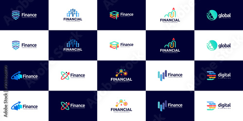 collection of digital financial logo, investment monitoring display, global economy, vector design template.