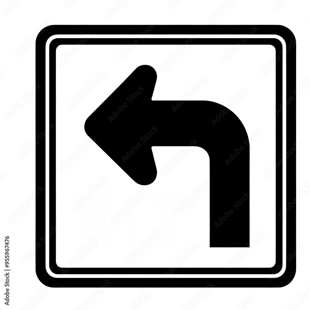 Isolated black and white vector illustration of symbolic left turn traffic sign on white background. Isolated black and white vector illustration of symbolic left turn traffic sign on white background.