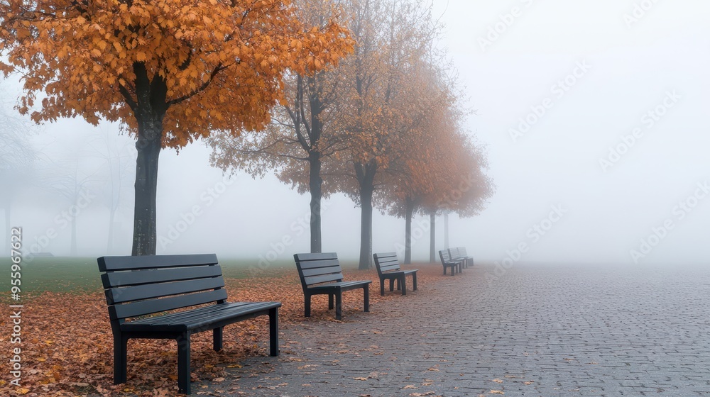 A foggy autumn morning in a park with empty benches and trees losing their leaves, autumn park, foggy morning, empty benches A foggy autumn morning in a park with empty benches and trees losing their leaves, autumn park, foggy morning, empty benches