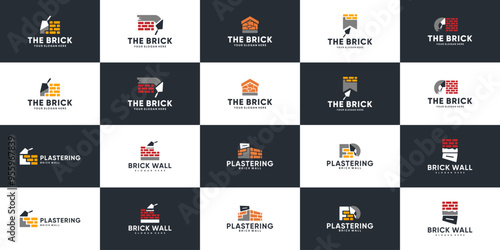 collection of bricklaying logo, construction structure, plastering, cement trowel, vector design template.