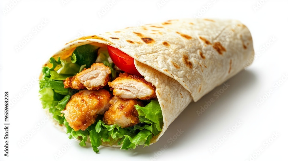 Chicken wrap with vegetables, isolated on white background. Fried chicken tortilla wrap with lettuce and tomato with sauce. chicken taco wrap flying on white background Chicken wrap with vegetables, isolated on white background. Fried chicken tortilla wrap with lettuce and tomato with sauce. chicken taco wrap flying on white background