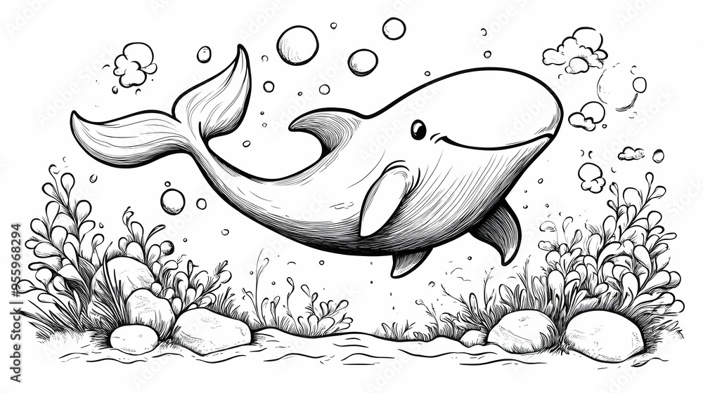 Obraz premium Cute Cartoon Dolphin Swimming Underwater with Bubbles and Seaweed