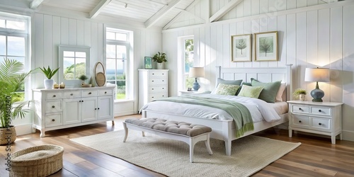 Soft white bedroom furniture, including a bedframe, dresser, and nightstand, is paired with natural textures and photo