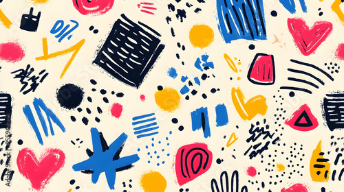 Abstract Hand Painted Seamless Pattern with Geometric Shapes and Brush Strokes