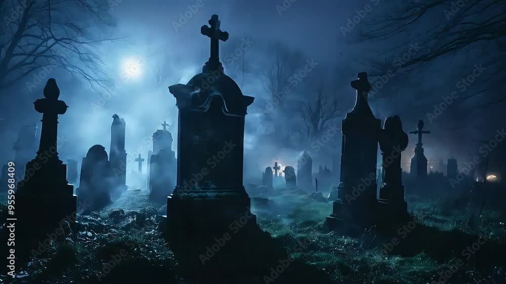 Silhouetted tombstones in a misty graveyard, illuminated by a pale moon. Silhouetted tombstones in a misty graveyard, illuminated by a pale moon.
