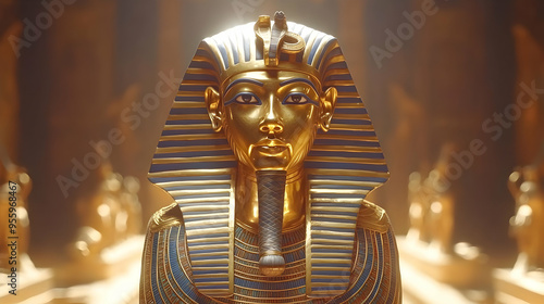 Golden Pharaoh Mask with Blue and Gold Decorations