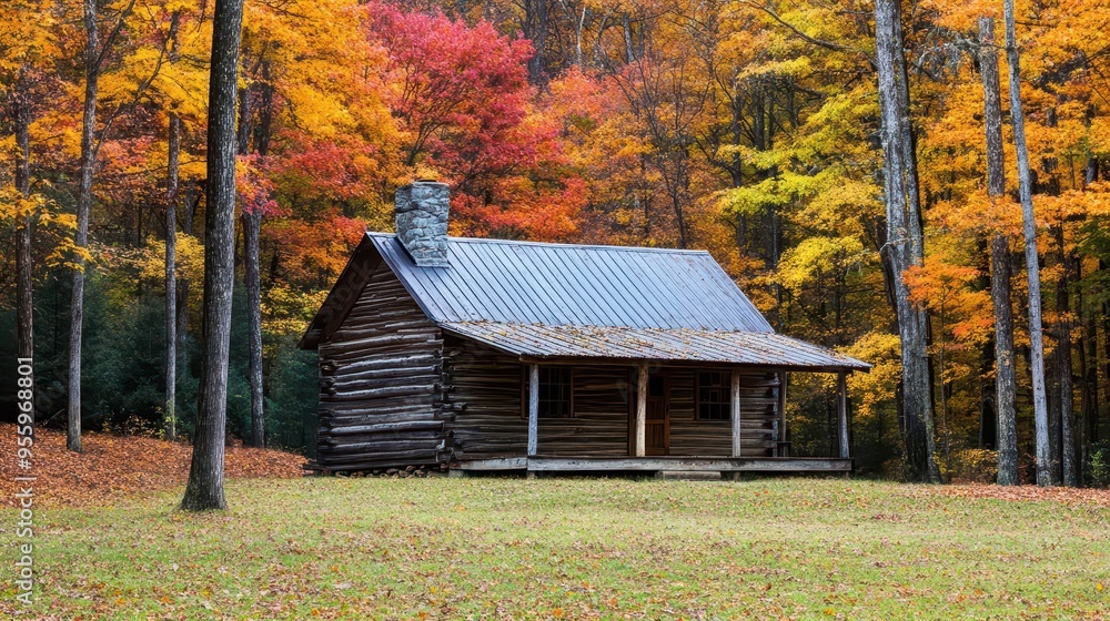 A rustic cabin in the woods surrounded by vibrant autumn foliage, autumn cabin, woods, foliage A rustic cabin in the woods surrounded by vibrant autumn foliage, autumn cabin, woods, foliage