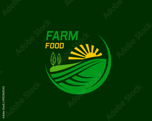 Farm food icon of field and sun for agriculture product and rural farming, vector emblem. Farm food green round sign with wheat or rye filed with trees and sun for agrarian and agriculture farming tag