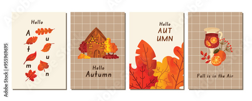 Hello Autumn greeting cards collection. Fall cozy posters set with warm forest botanical elements, gold oak, maple leaves, house, mulled wine and mountain ash. Watercolor vector botany illustration.