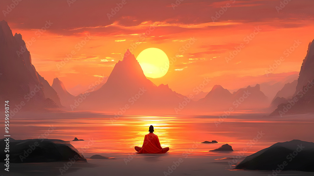 Peaceful Sunset Meditation in Mountain Landscape Peaceful Sunset Meditation in Mountain Landscape
