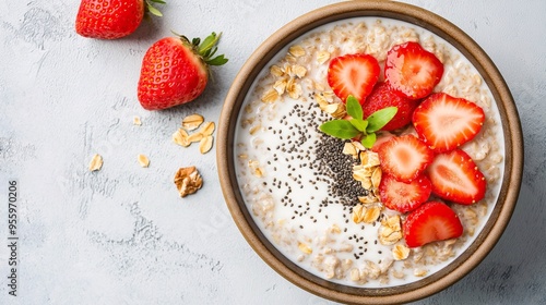 Strawberry Oatmeal Delight: A comforting bowl of oatmeal adorned with fresh strawberries, chia seeds, and a hint of mint, perfect for a wholesome and delicious breakfast. 