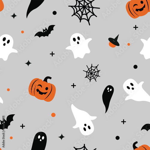 Cute halloween seamless pattern on grey background. Halloween characters, cartoon ghost, pumpkin, bats. Print for fabric texture, decoration, wrapping paper. Vector illustration