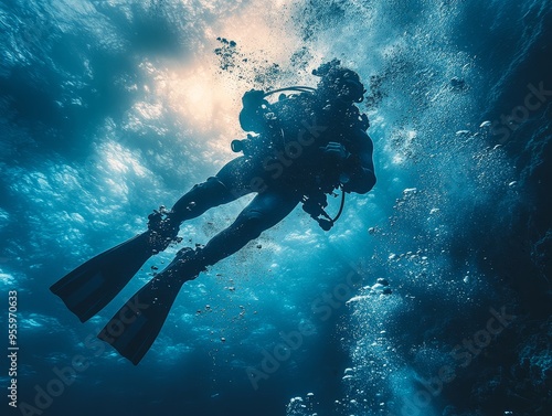 Wallpaper Mural Underwater Silhouette of Scuba Diver with Bubbles Torontodigital.ca