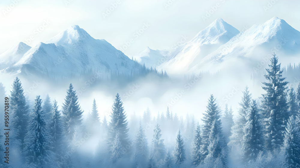 Snowy Mountain Range with Foggy Forest Snowy Mountain Range with Foggy Forest