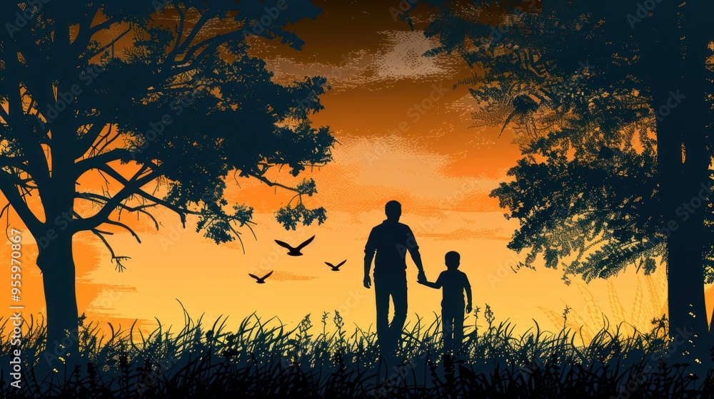 Fototapeta premium Silhouette of a father and son walking hand in hand against a sunset backdrop.