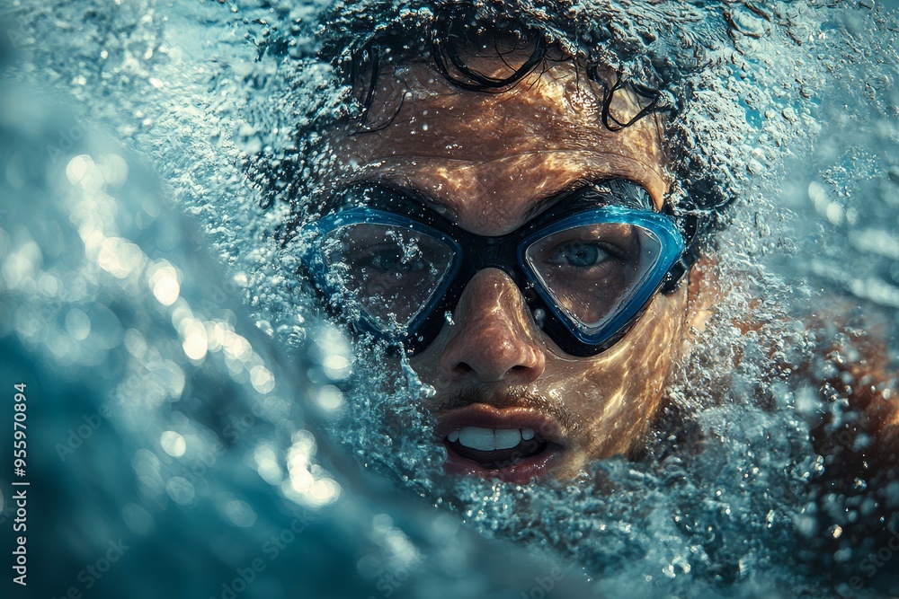 Fototapeta premium Underwater Swimmer with Goggles Emerging from Water