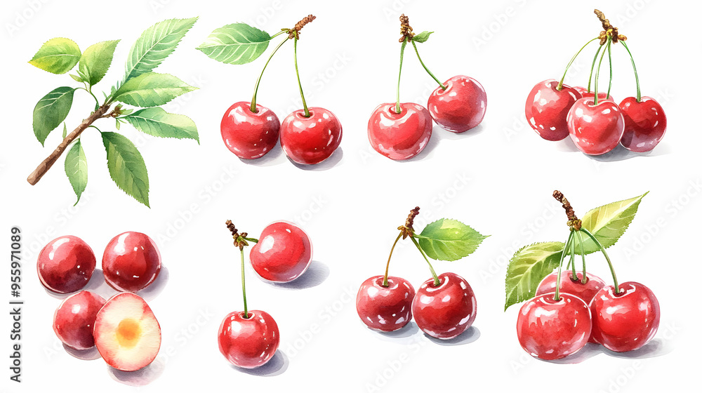Watercolor Illustration of Cherries with Leaves Watercolor Illustration of Cherries with Leaves