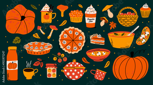 Pumpkin spice seasonal flavored food and drinks cartoon vector illustration set. Collection of autumn delicious menu elements, pumpkin pie, lattes, soup with mushrooms, desserts, pastry, confections