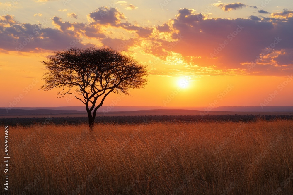 Fototapeta premium A beautiful sunset over open grasslands. Silhouetted tree stands tall against orange skies. A tranquil scene for nature lovers. Discover the magic of wilderness. Generative AI