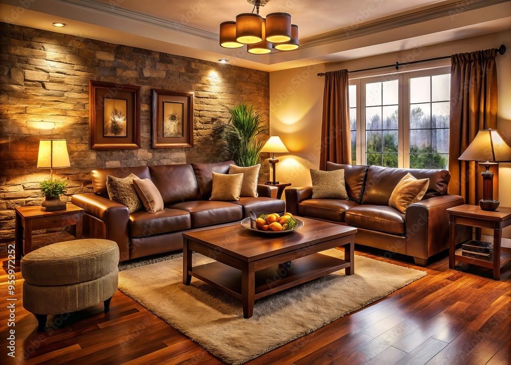 This cozy living room is designed for relaxation, with plush brown furniture and comfortable warm lighting that creates This cozy living room is designed for relaxation, with plush brown furniture and comfortable warm lighting that creates