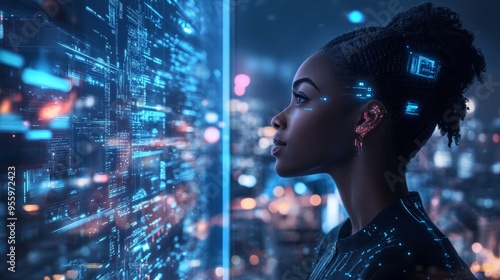 Digital Nomad: A young, confident woman gazes intently at a glowing digital interface, her expression a blend of curiosity and determination. This captivating image evokes the spirit of innovation and