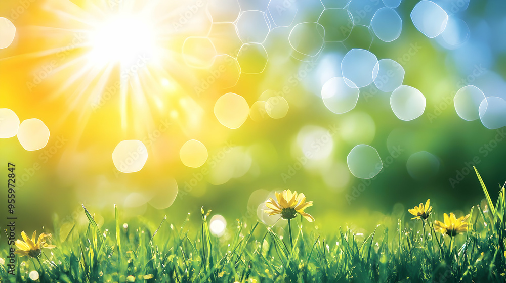 Fototapeta premium Sunny Day in Green Meadow with Blooming Flowers and Bokeh