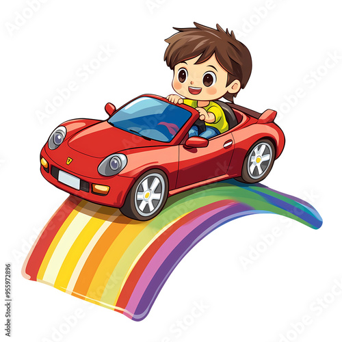 child driving car on rainbow Cartoon Sticker on transparent isolated Background, generated ai