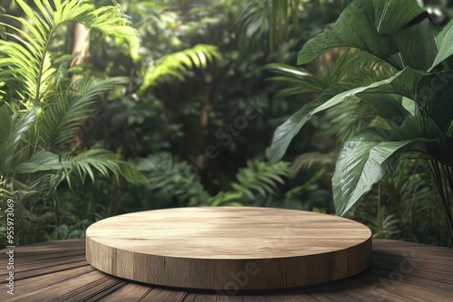 Wooden circle podium in tropical forest for product presentation and green background.3d rendering with generative ai